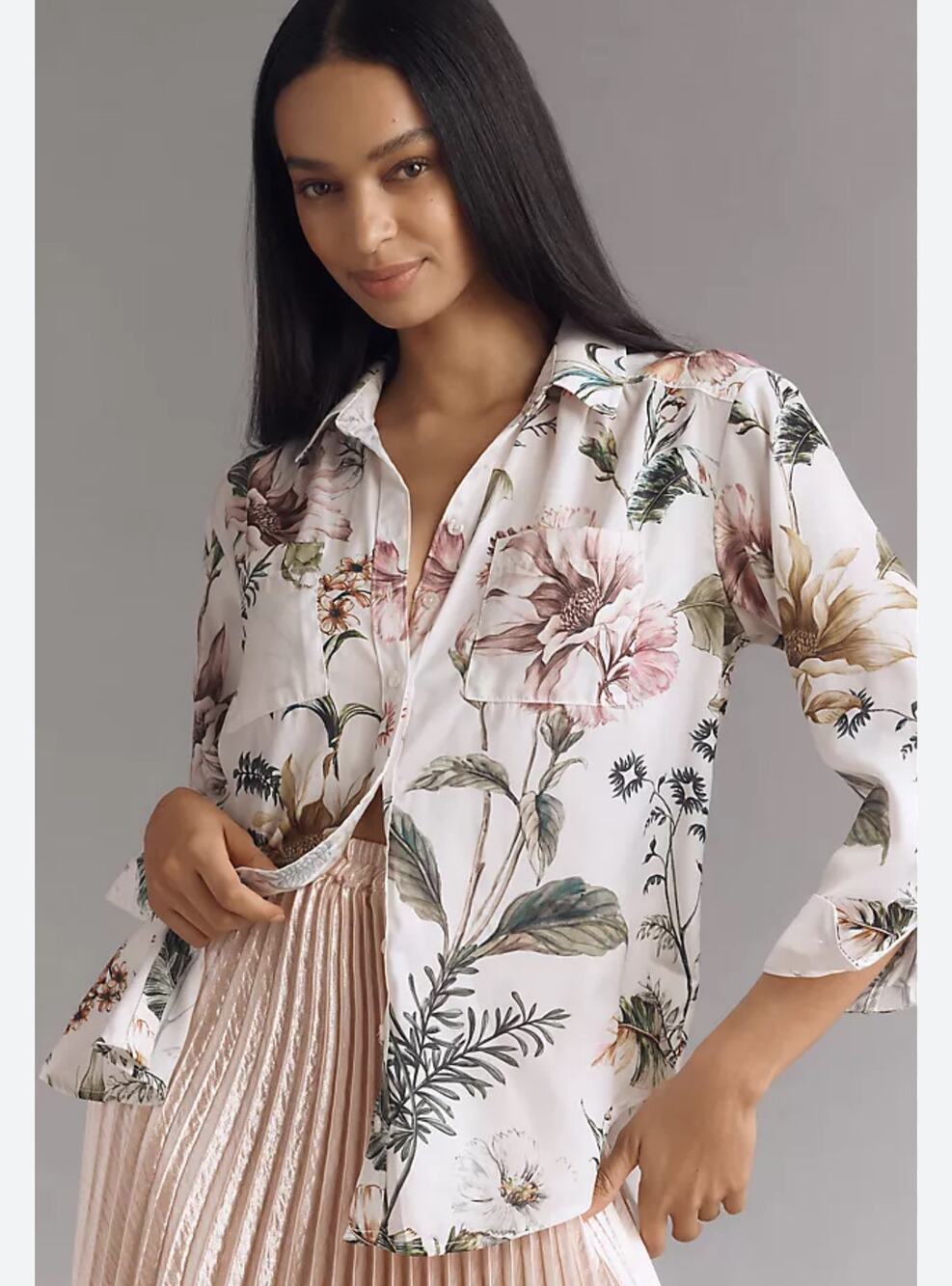 NEW NWT Anthropologie Relaxed Long-Sleeve Floral Shirt Pearl Size S